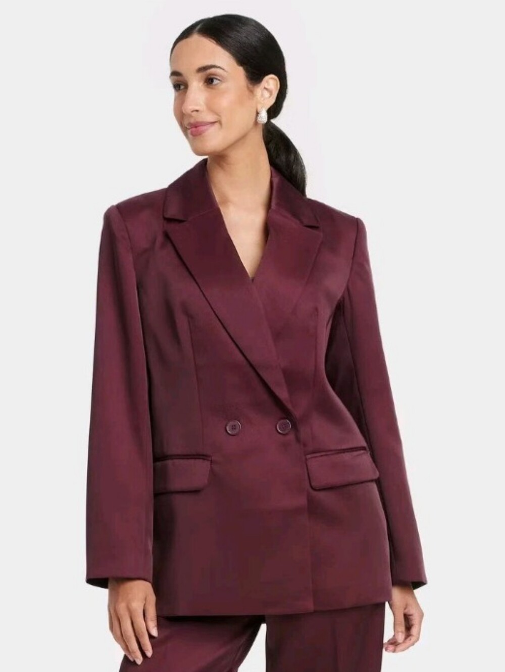 A New Day Burgundy Double-Breasted Satin Blazer Size Large NWT P2P 23 Length 28